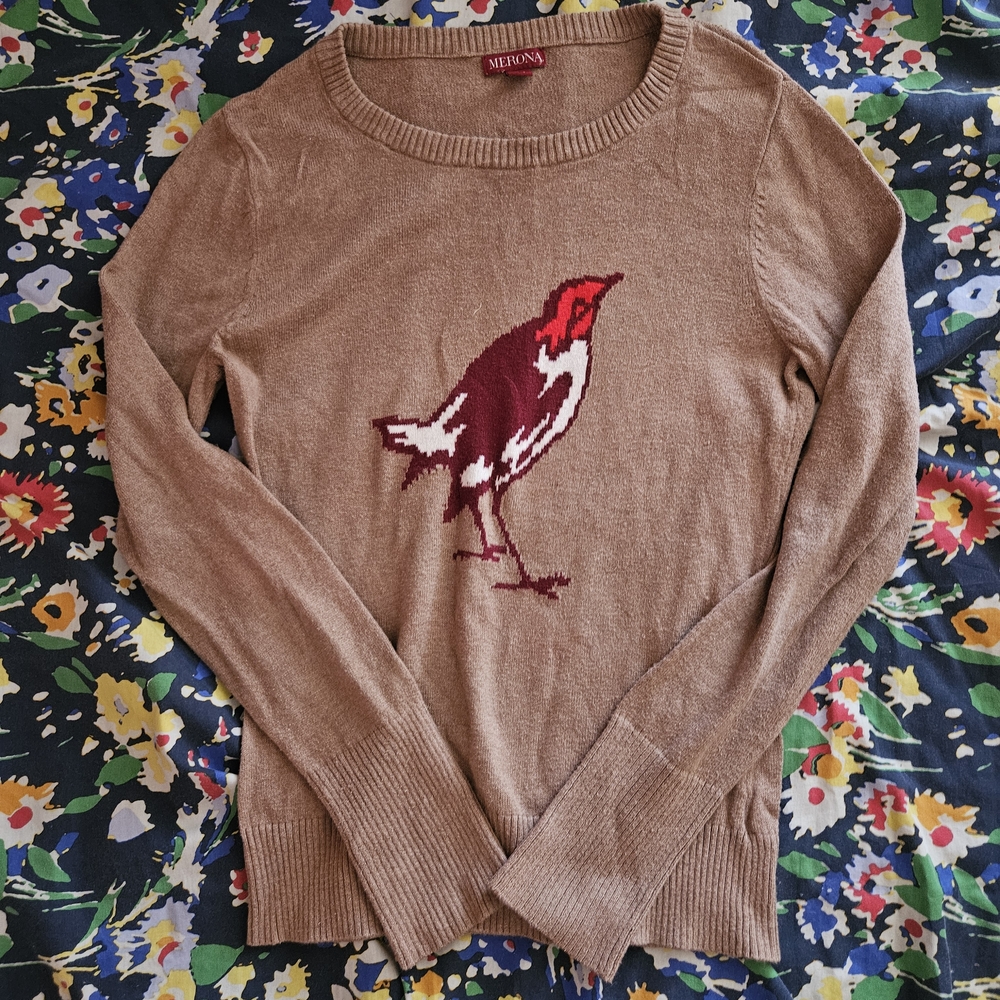 Merona Red and Brown Crew Neck Sweater with Bird Design